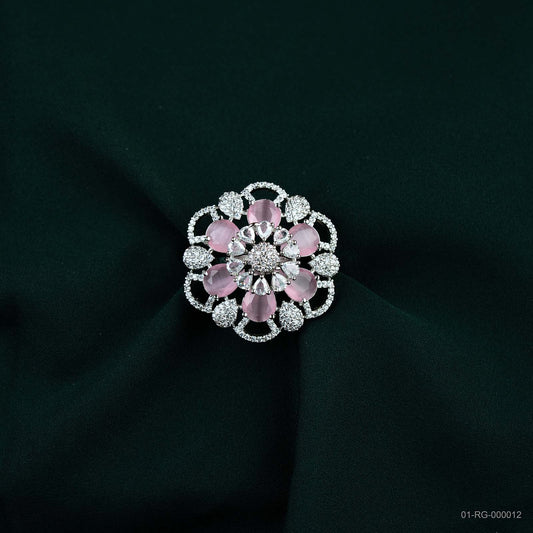 Eline Soft Pink AD Silver Plated Lace Floral Ring