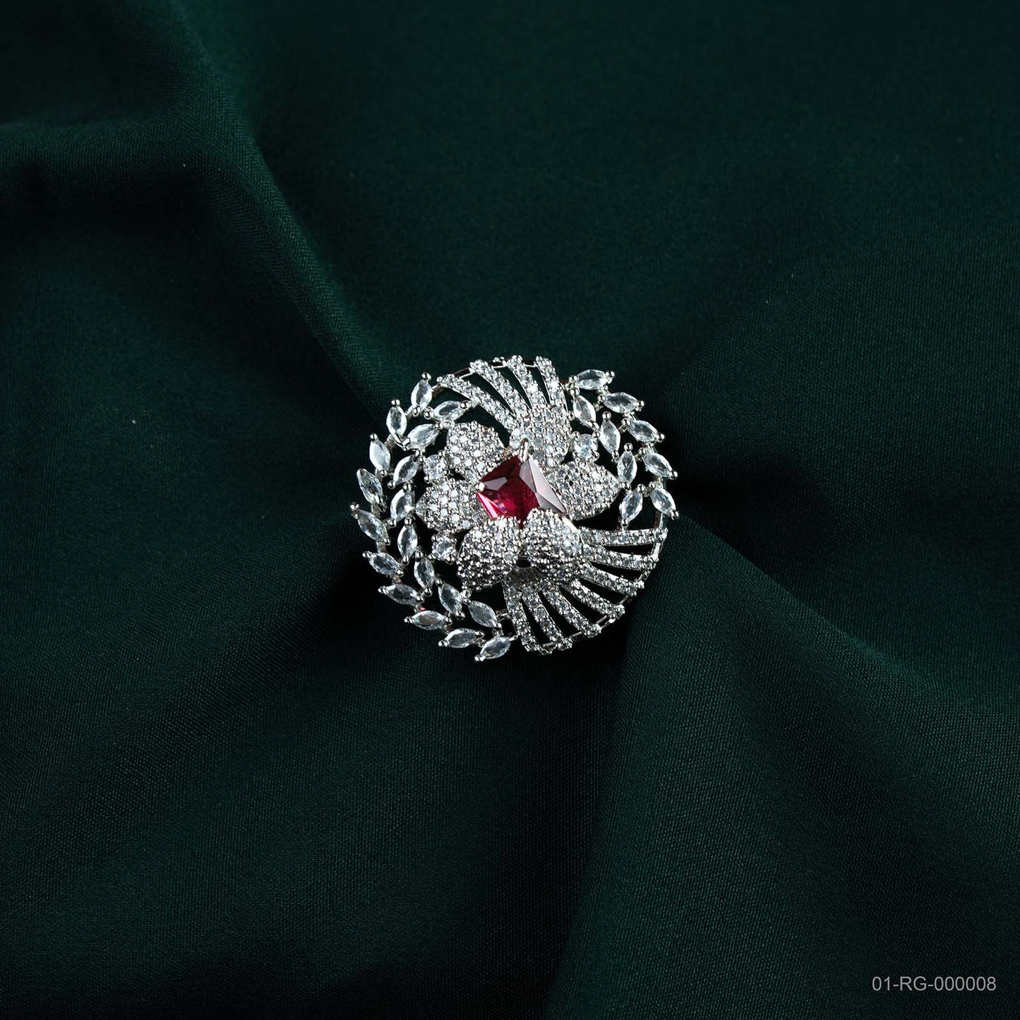Mira Ruby Red AD Silver Plated Statement Ring