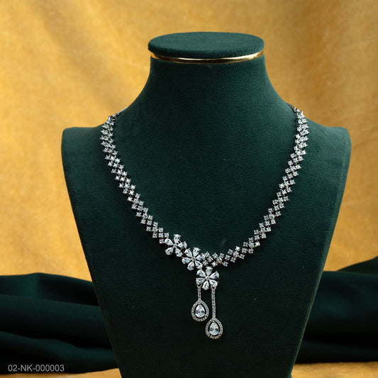 Raya Silver Plated AD Floral Drop Necklace Set