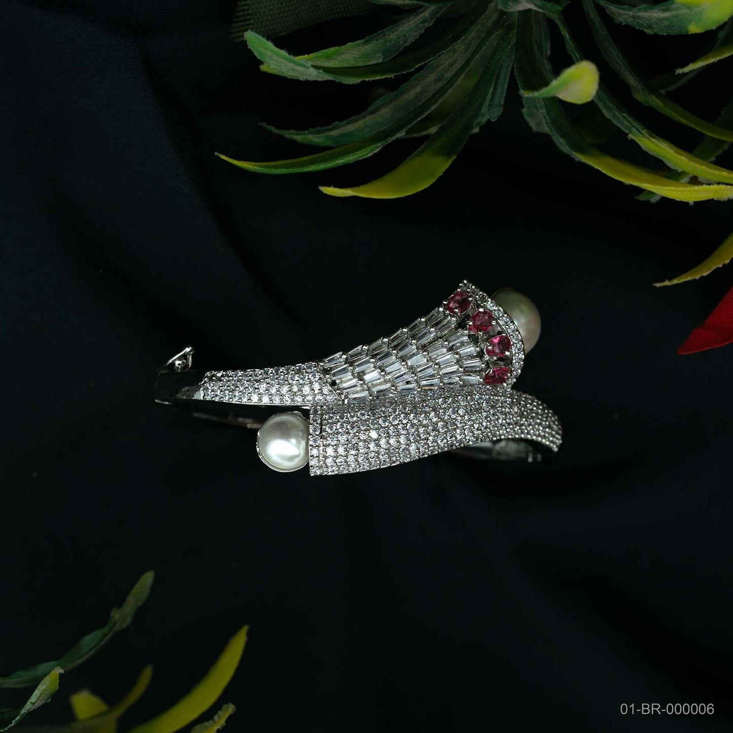 Rhea Silver Pearl AD Pink Bypass Kada