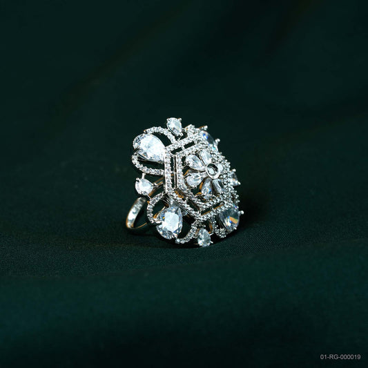 Ritvi Silver Plated AD Hexagonal Floral Ring
