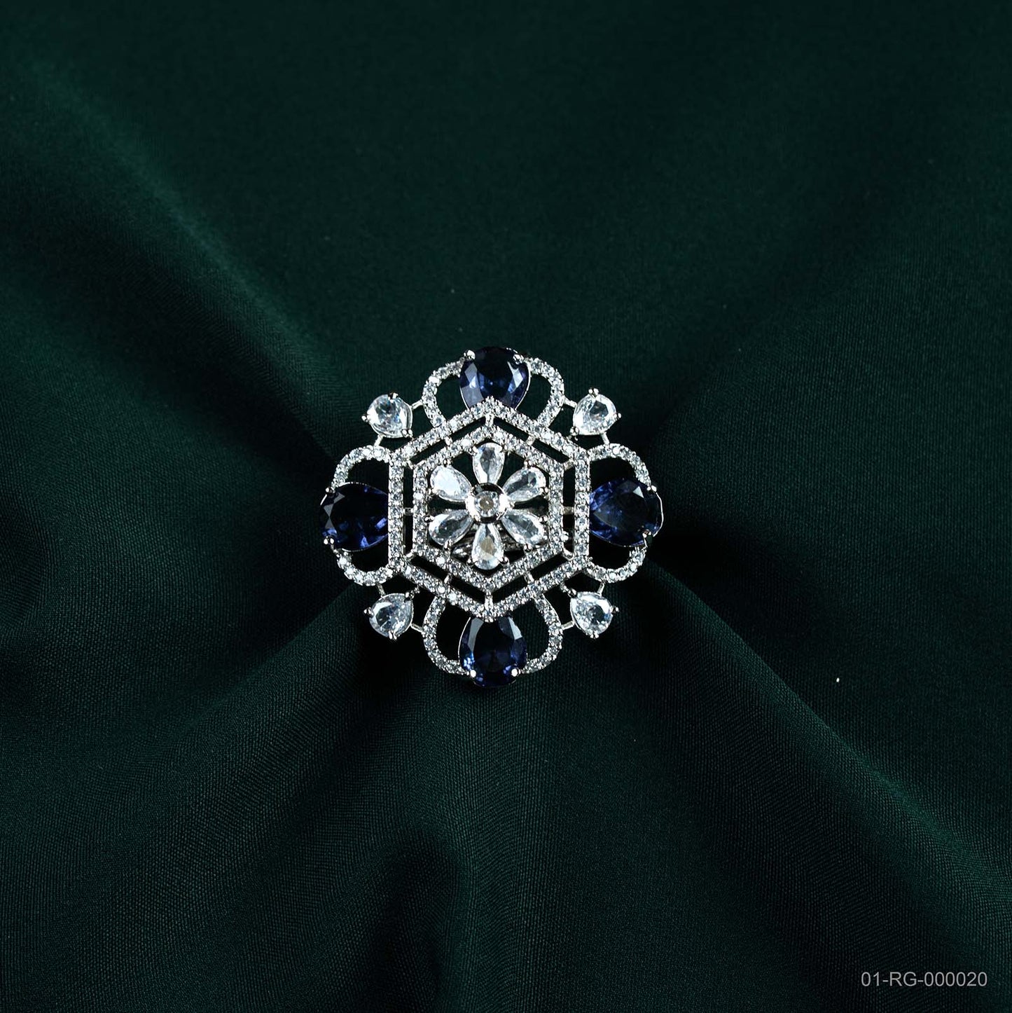 Vanya Deep Blue AD Hexagonal Floral Ring