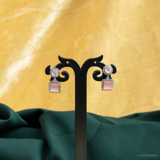 Zara Silver-Plated Pink Stone Geometric Drop Earrings