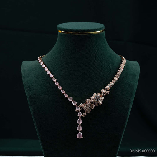 Aira Soft Pink AD Rose Gold Floral Necklace Set