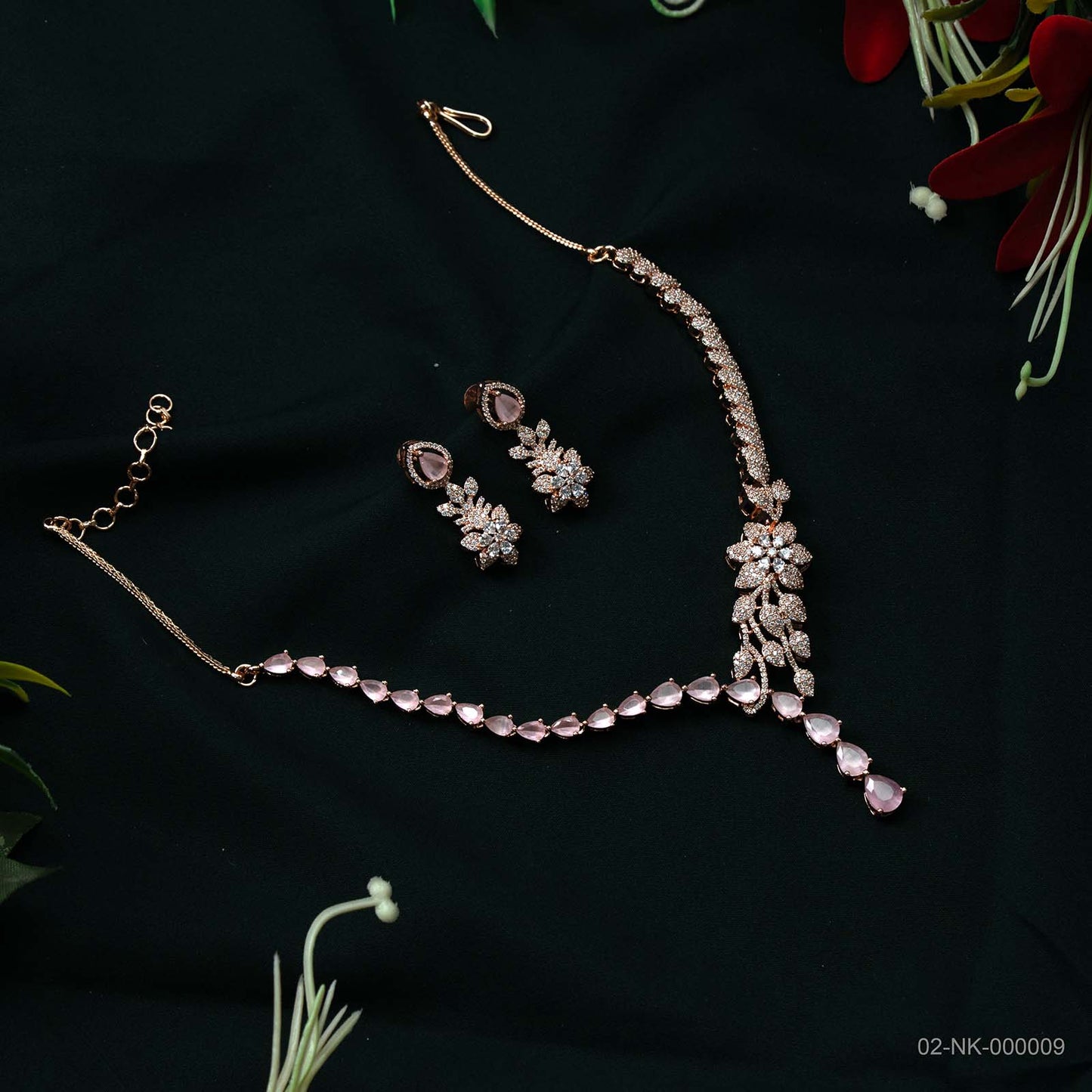 Aira Soft Pink AD Rose Gold Floral Necklace Set