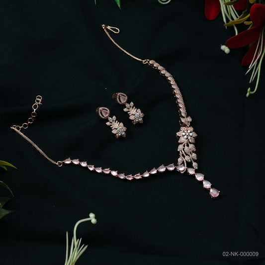 Aira Soft Pink AD Rose Gold Floral Necklace Set