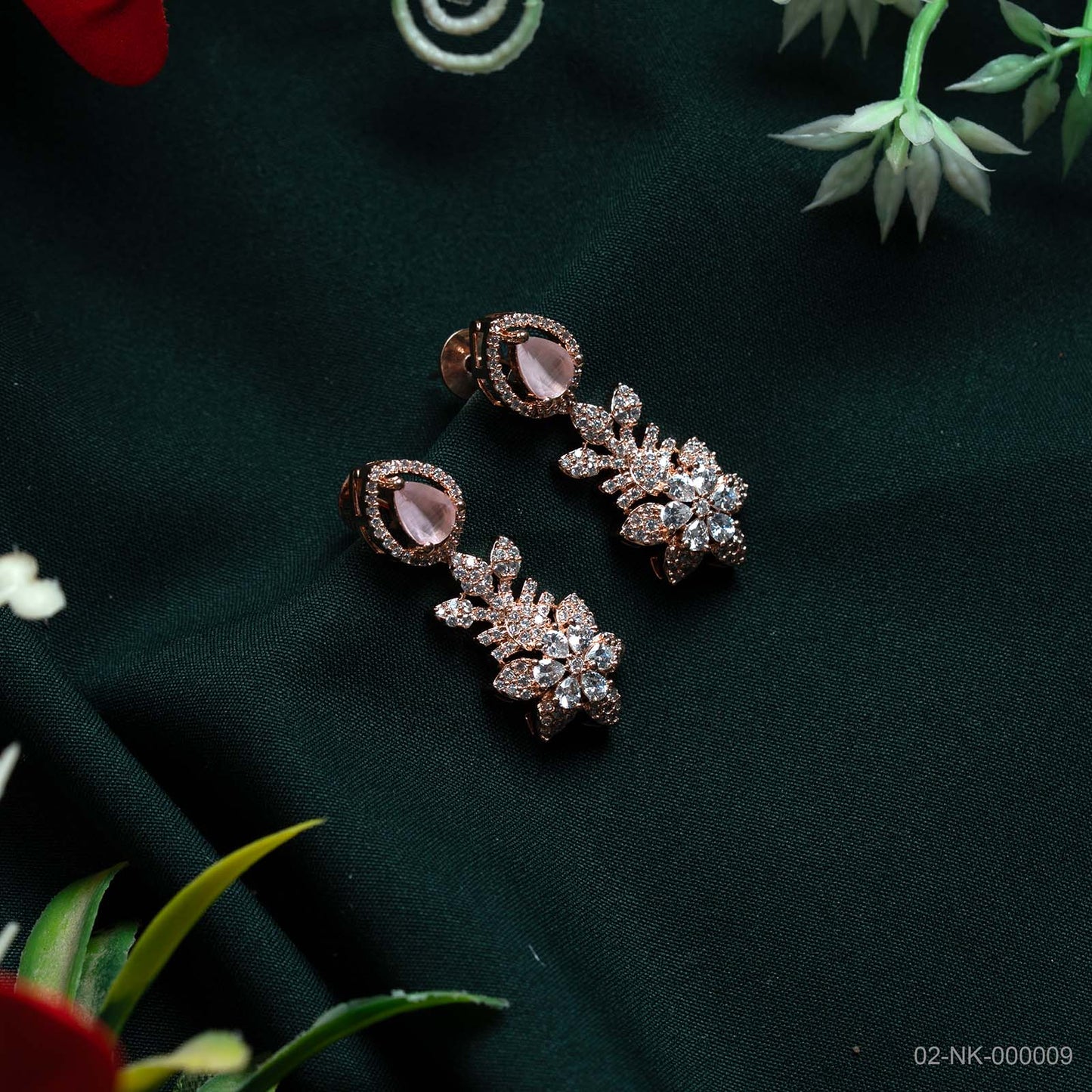 Aira Soft Pink AD Rose Gold Floral Necklace Set