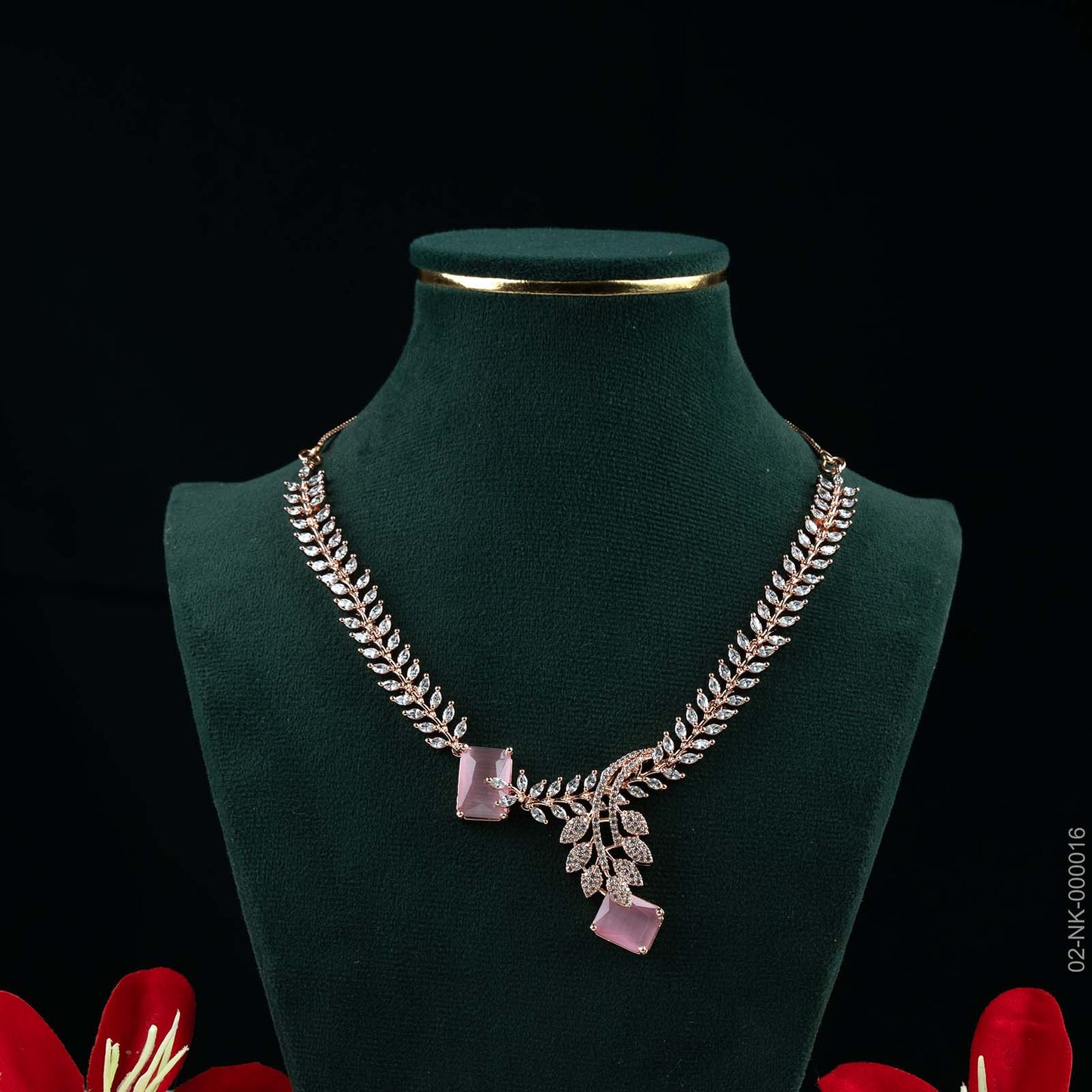 Amaira Soft Pink AD Rose Gold Leaf Motif Necklace Set