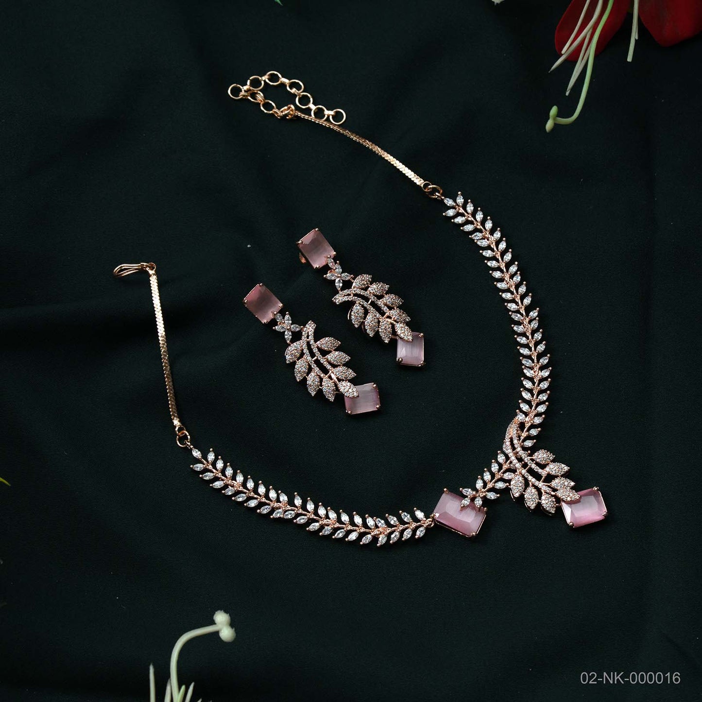 Amaira Soft Pink AD Rose Gold Leaf Motif Necklace Set