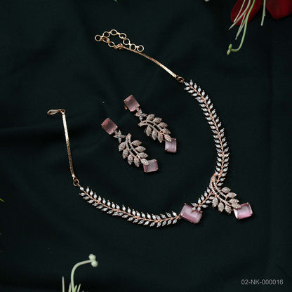 Amaira Soft Pink AD Rose Gold Leaf Motif Necklace Set