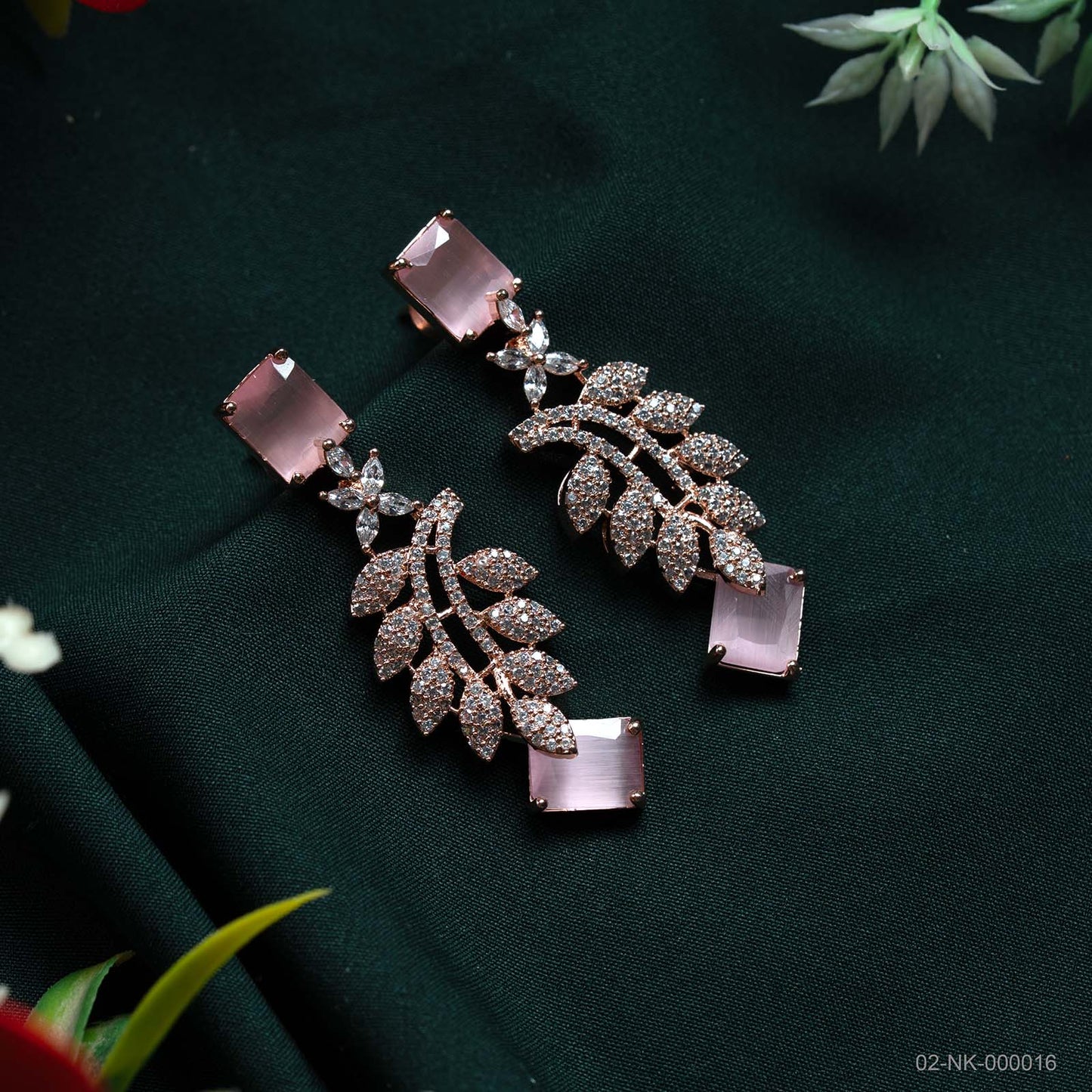 Amaira Soft Pink AD Rose Gold Leaf Motif Necklace Set