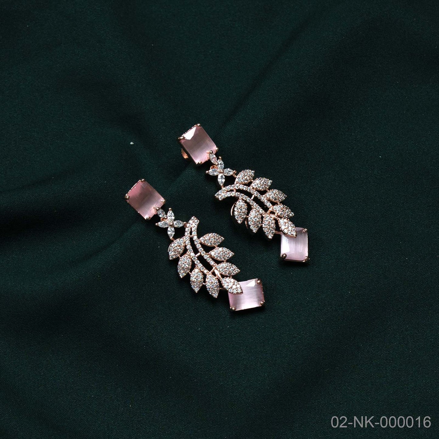 Amaira Soft Pink AD Rose Gold Leaf Motif Necklace Set