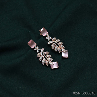 Amaira Soft Pink AD Rose Gold Leaf Motif Necklace Set