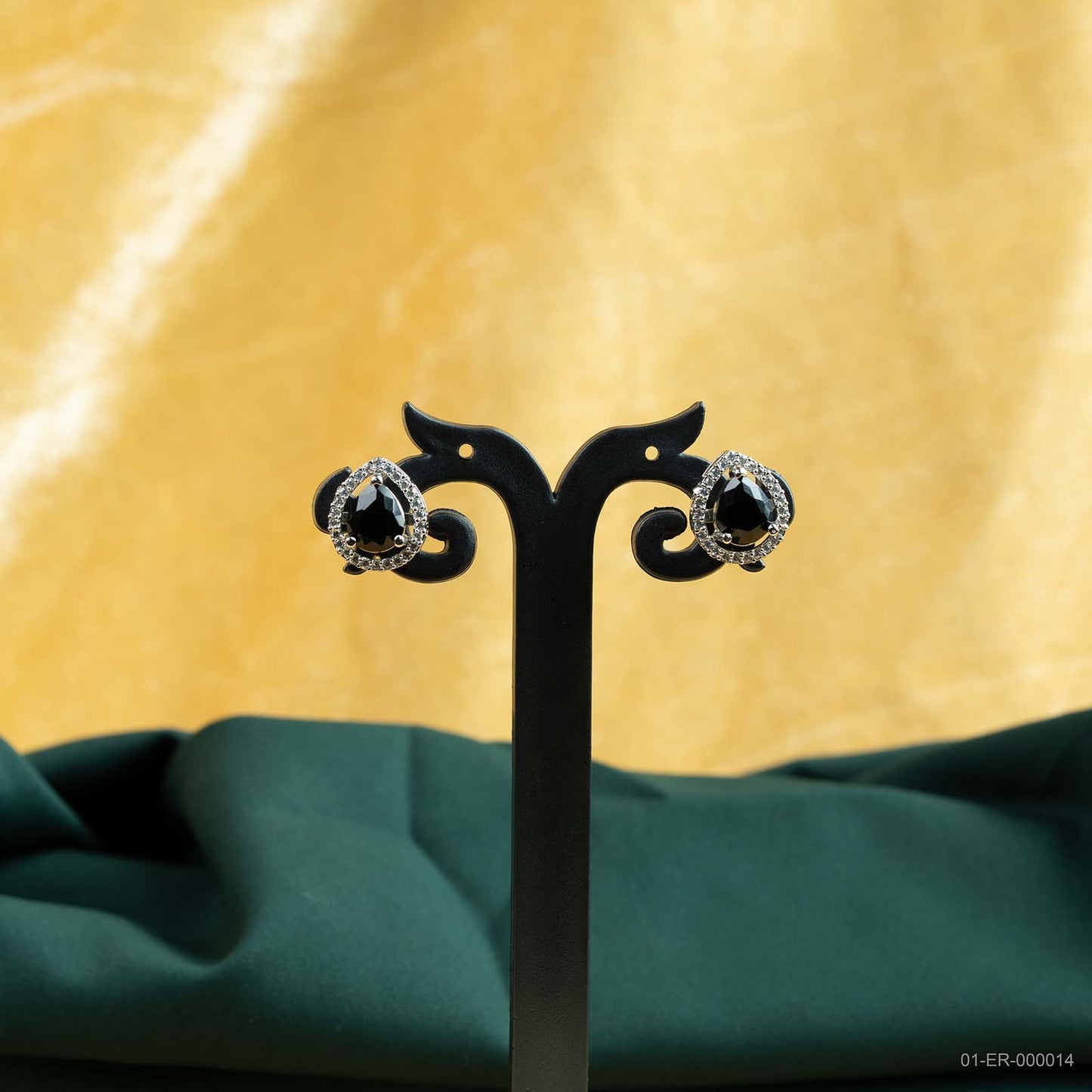 Avira Silver Plated AD Black Pear Halo Stud Earrings