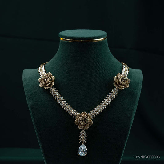 Elara Gold Plated AD Rose Motif Necklace Set