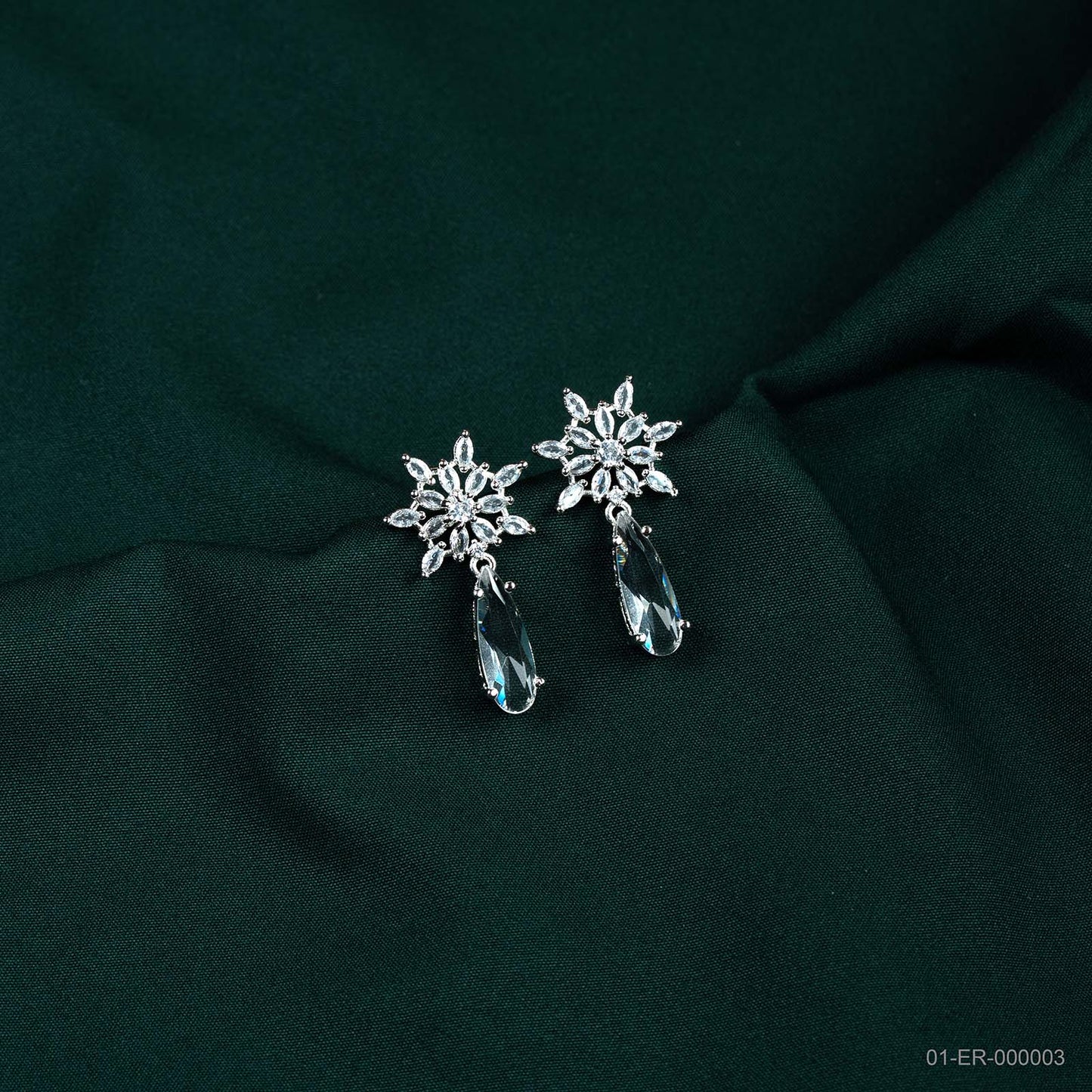 Elara Silver Plated AD Floral Drop Earrings