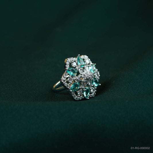 Elara Silver Plated AD Floral Statement Ring