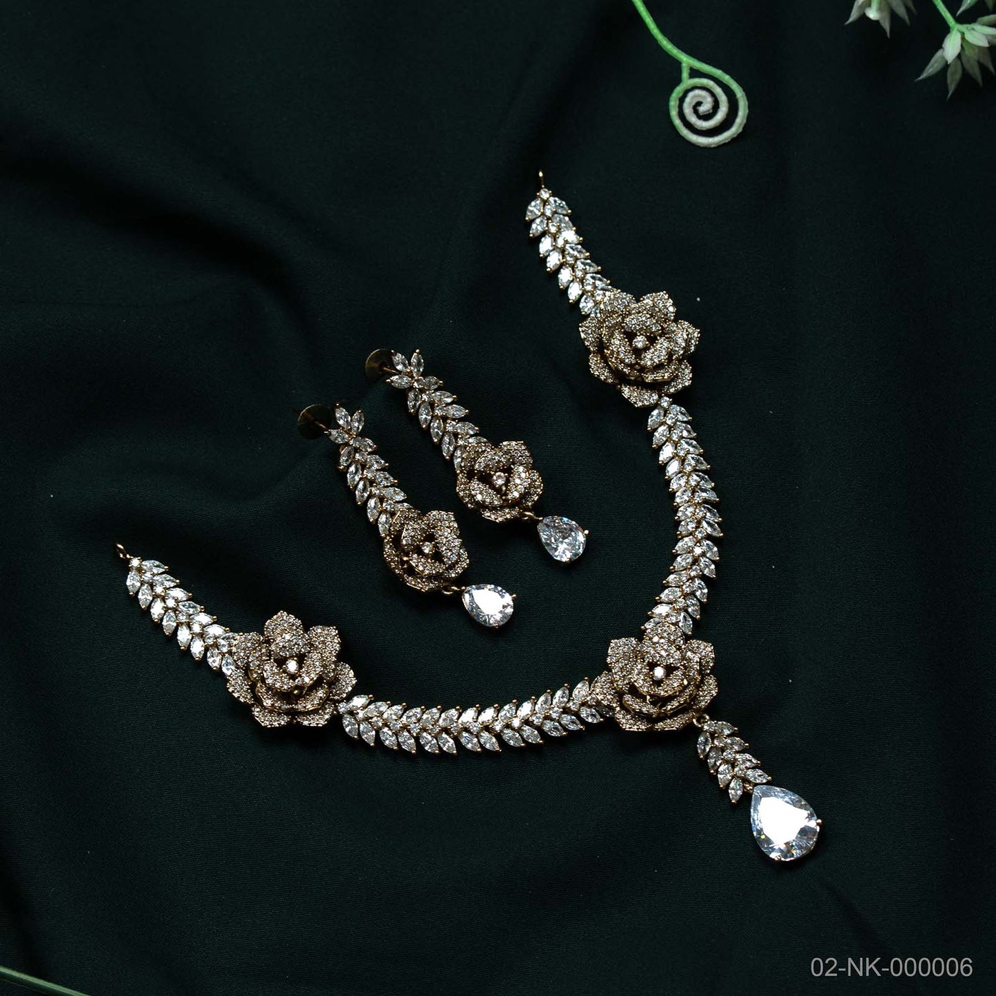 Elara Gold Plated AD Rose Motif Necklace Set