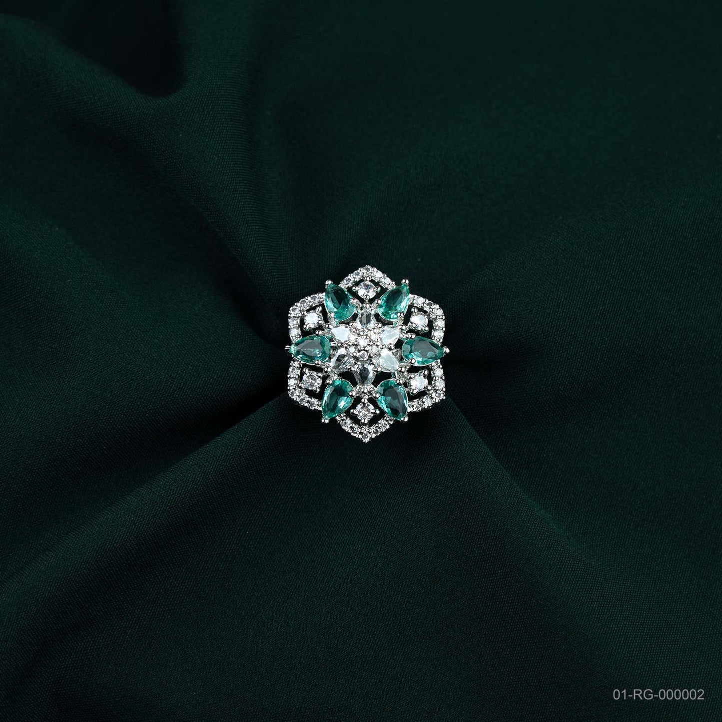 Elara Silver Plated AD Floral Statement Ring