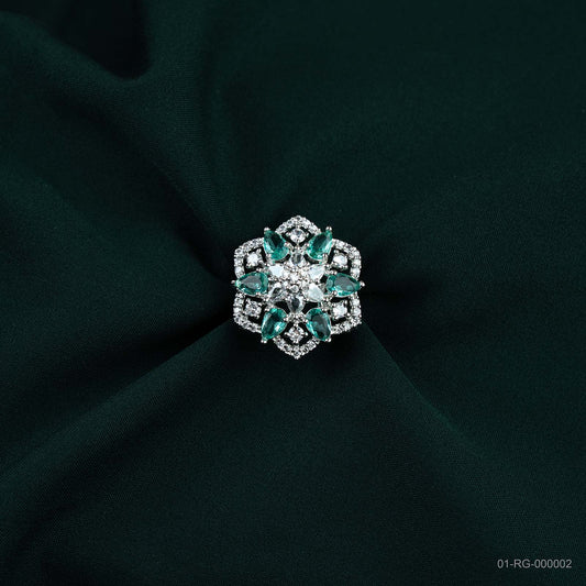 Elara Silver Plated AD Floral Statement Ring
