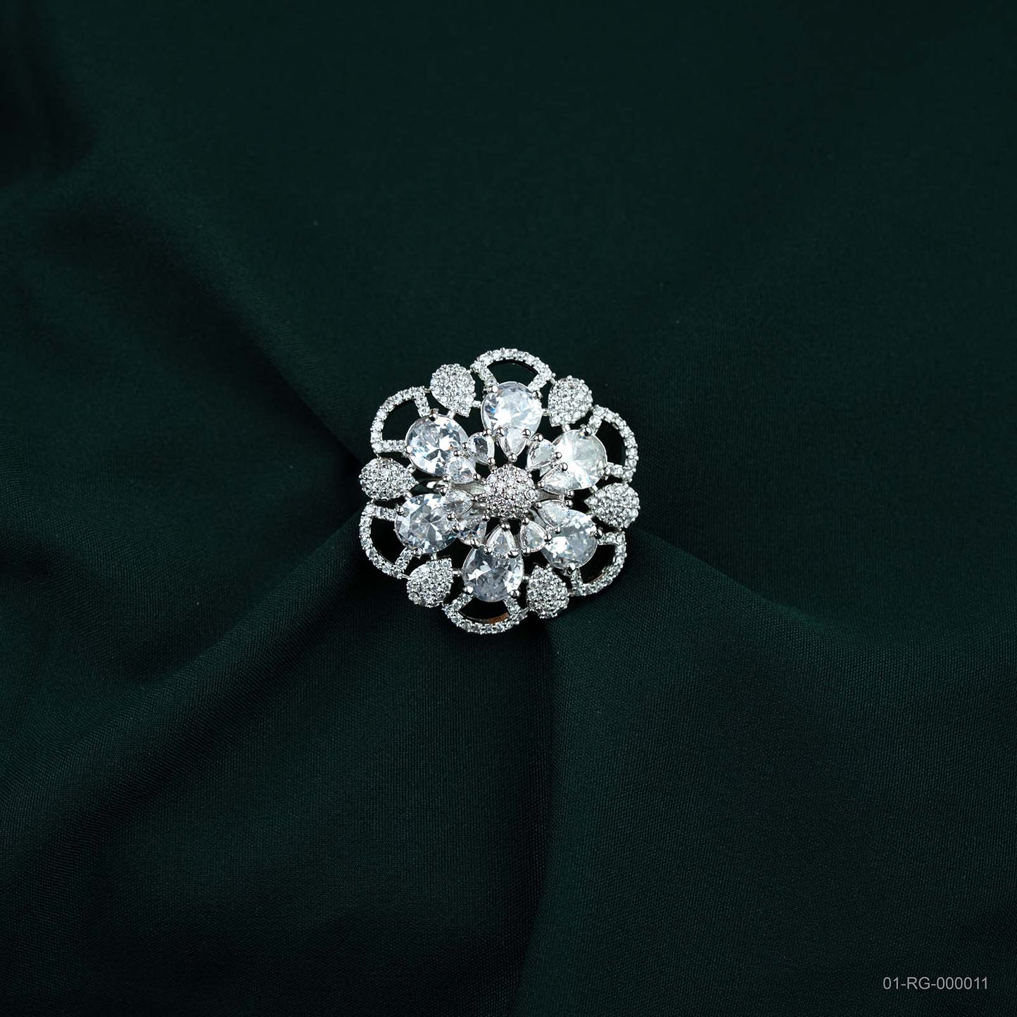 Elina Silver Plated AD Lace Floral Ring