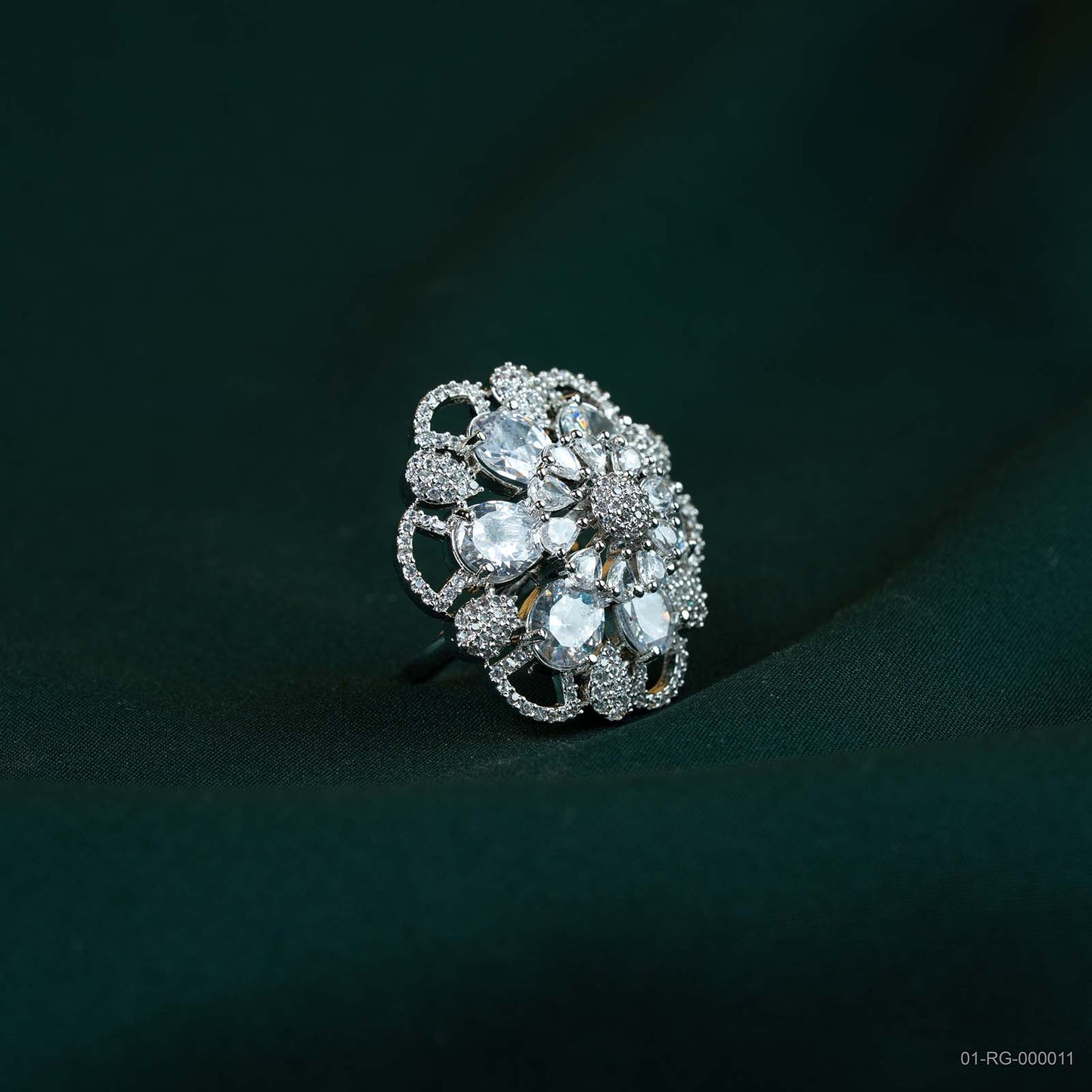 Elina Silver Plated AD Lace Floral Ring
