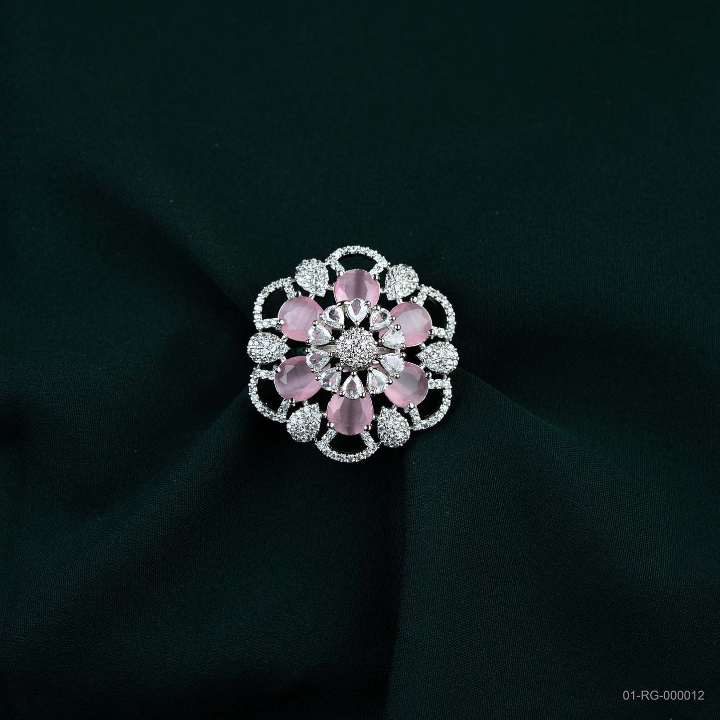 Eline Soft Pink AD Silver Plated Lace Floral Ring