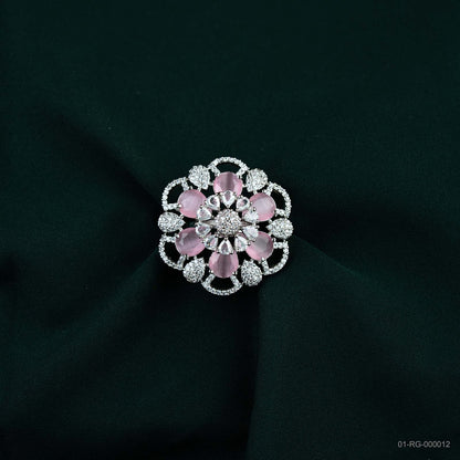 Eline Soft Pink AD Silver Plated Lace Floral Ring