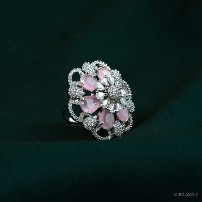 Eline Soft Pink AD Silver Plated Lace Floral Ring