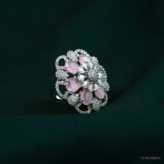 Eline Soft Pink AD Silver Plated Lace Floral Ring