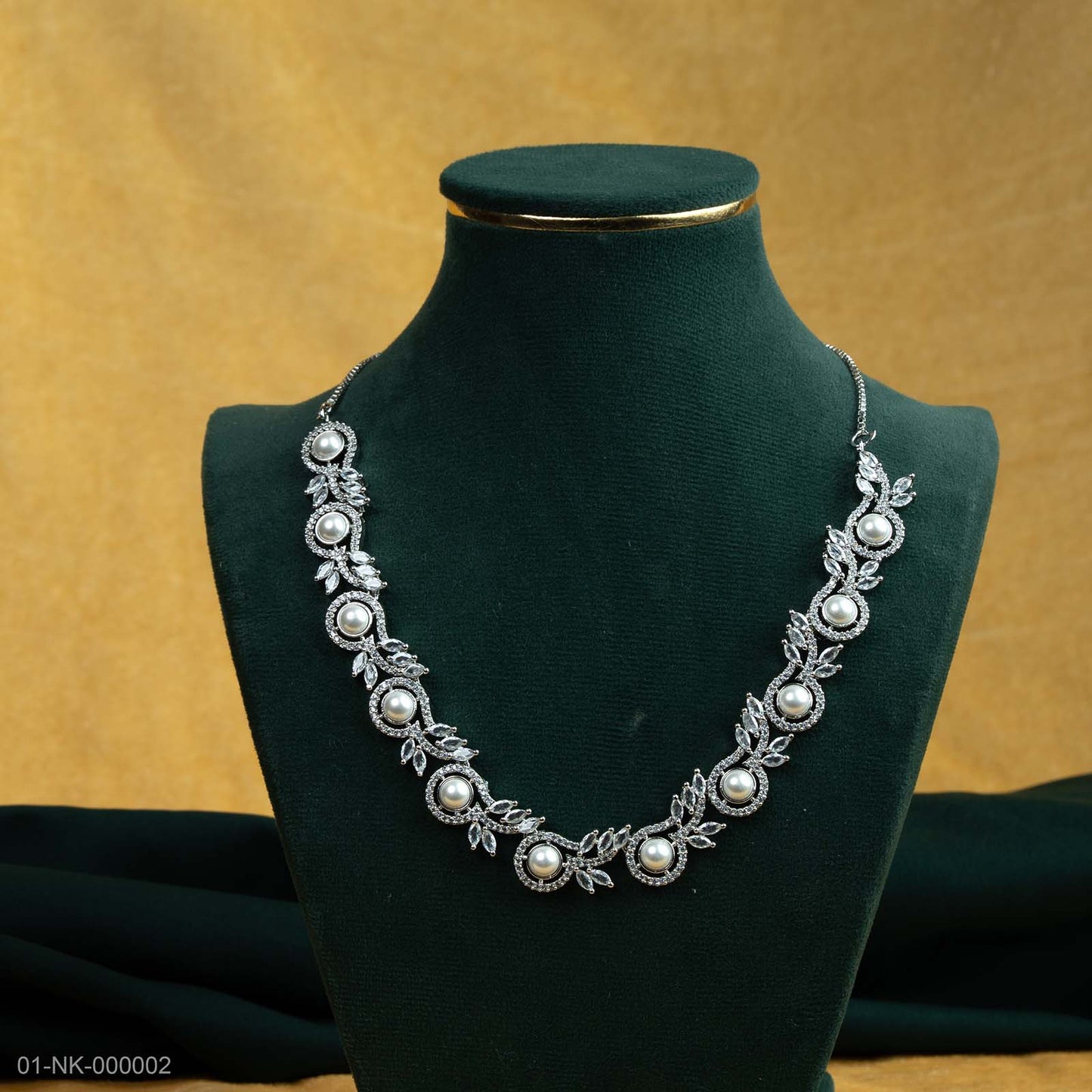 Ira Silver Plated AD Pearl Floral Necklace Set