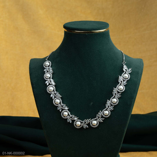 Ira Silver Plated AD Pearl Floral Necklace Set