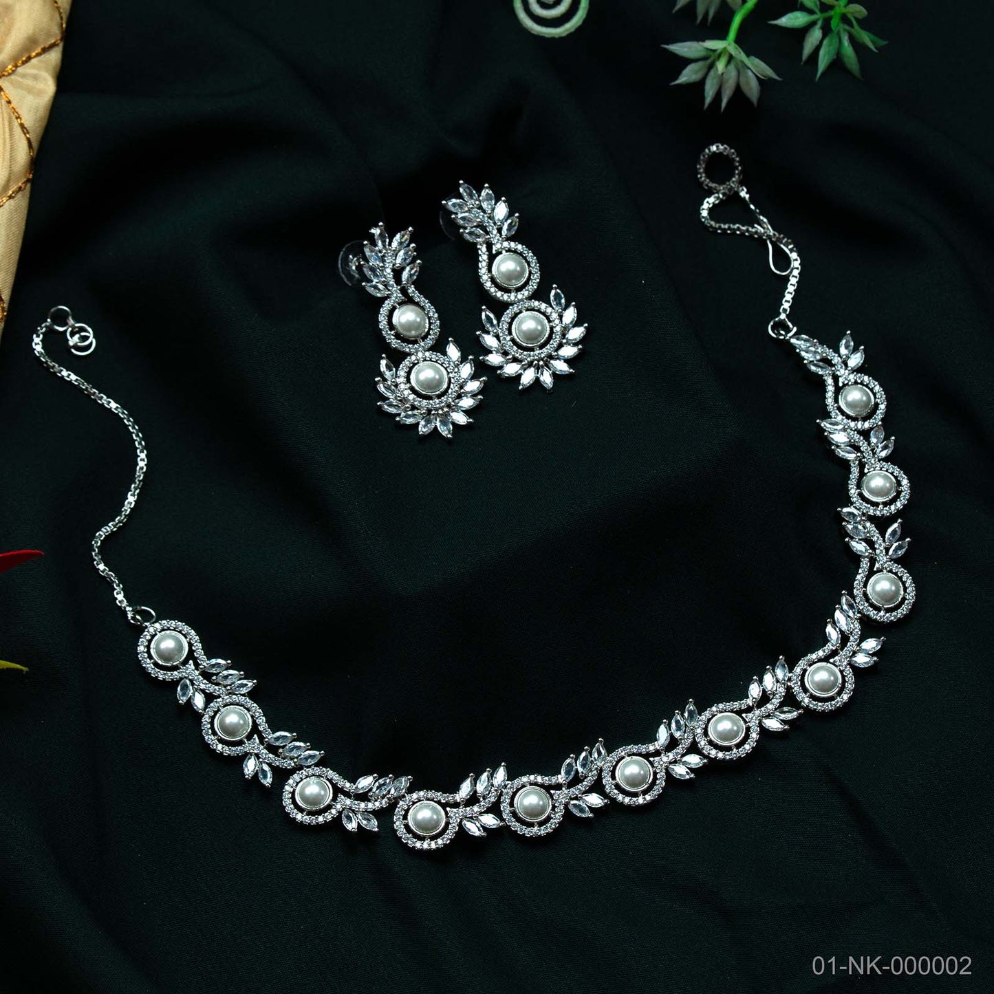 Ira Silver Plated AD Pearl Floral Necklace Set