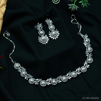 Ira Silver Plated AD Pearl Floral Necklace Set
