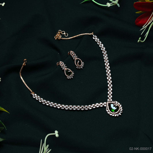 Ivy Emerald Green AD Rose Gold Halo Necklace Set