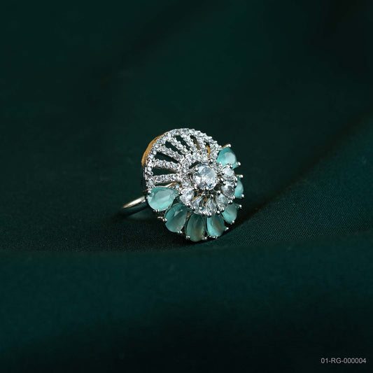 Kiara Mint Green AD Silver Plated Floral Ring