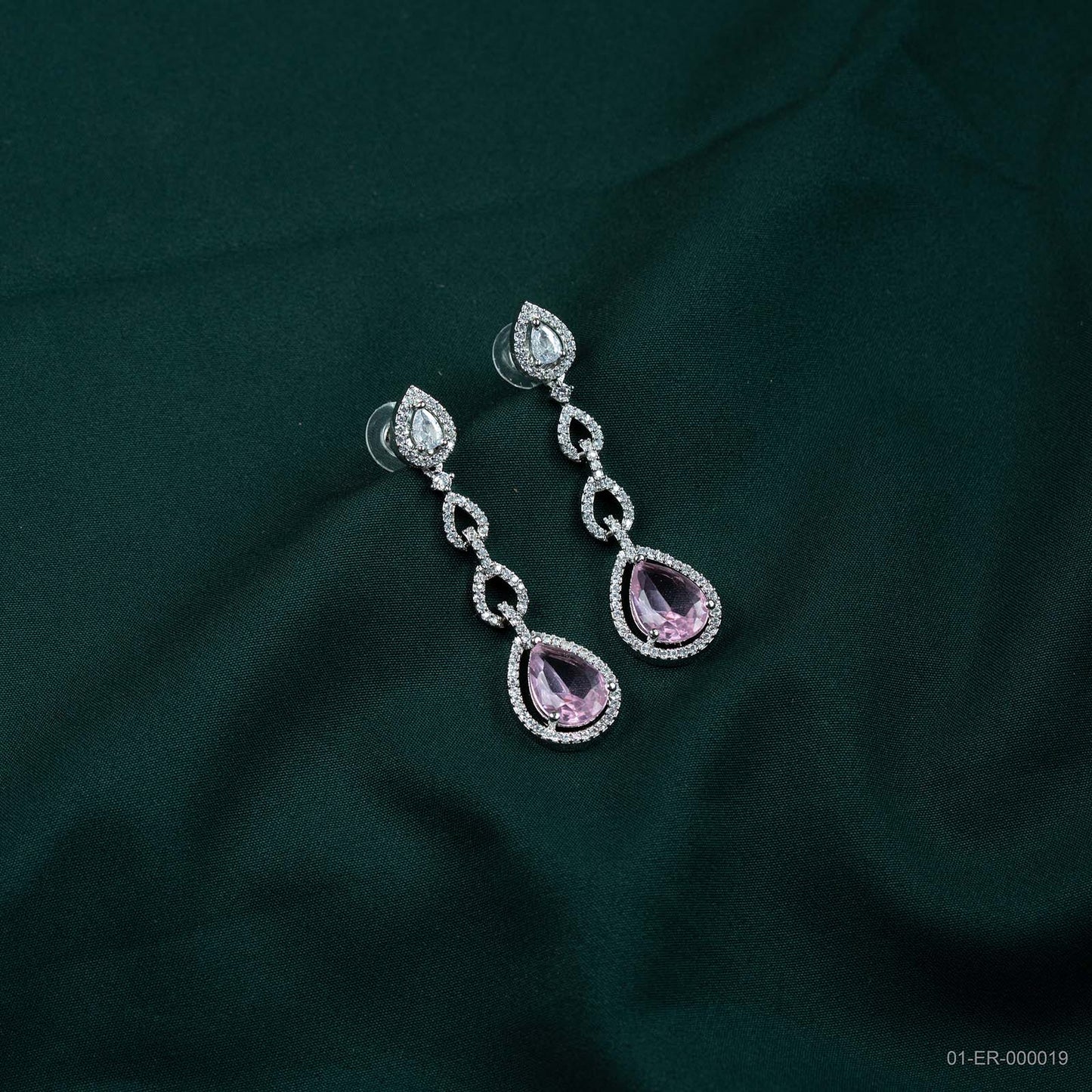 Kiara Silver Plated AD Pink Pear Dangle Earrings