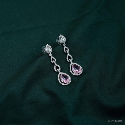 Kiara Silver Plated AD Pink Pear Dangle Earrings
