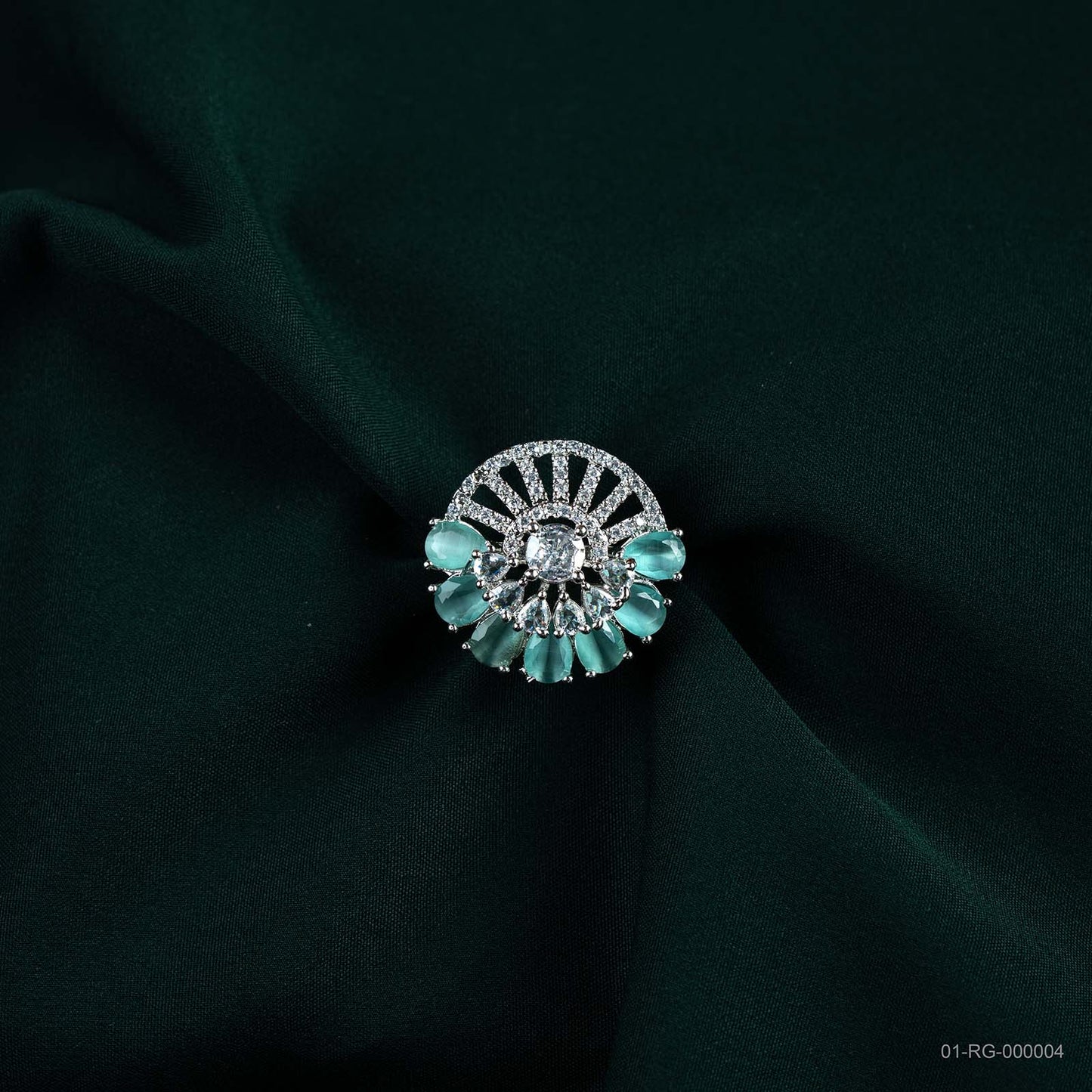 Kiara Mint Green AD Silver Plated Floral Ring