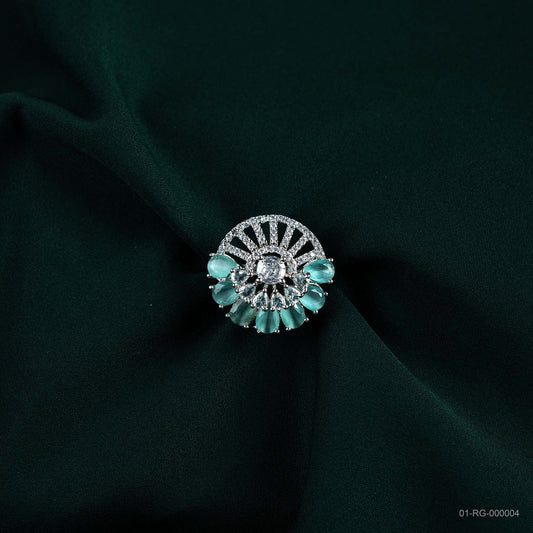 Kiara Mint Green AD Silver Plated Floral Ring