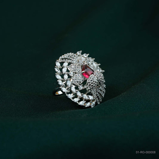 Mira Ruby Red AD Silver Plated Statement Ring