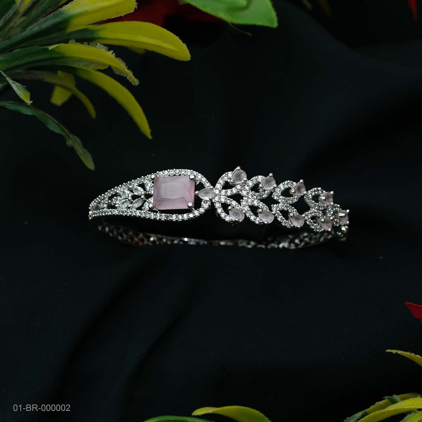 Nora Pink AD Silver Plated Leaf Kada