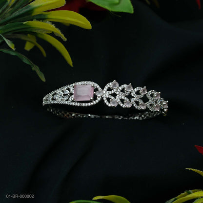 Nora Pink AD Silver Plated Leaf Kada
