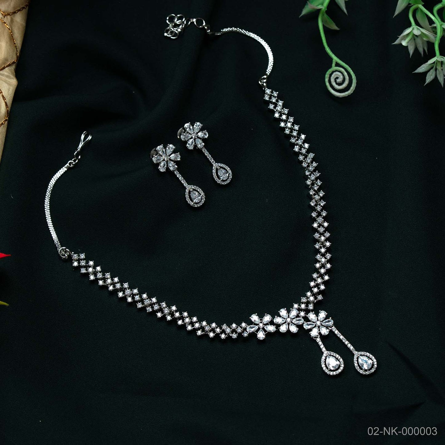 Raya Silver Plated AD Floral Drop Necklace Set