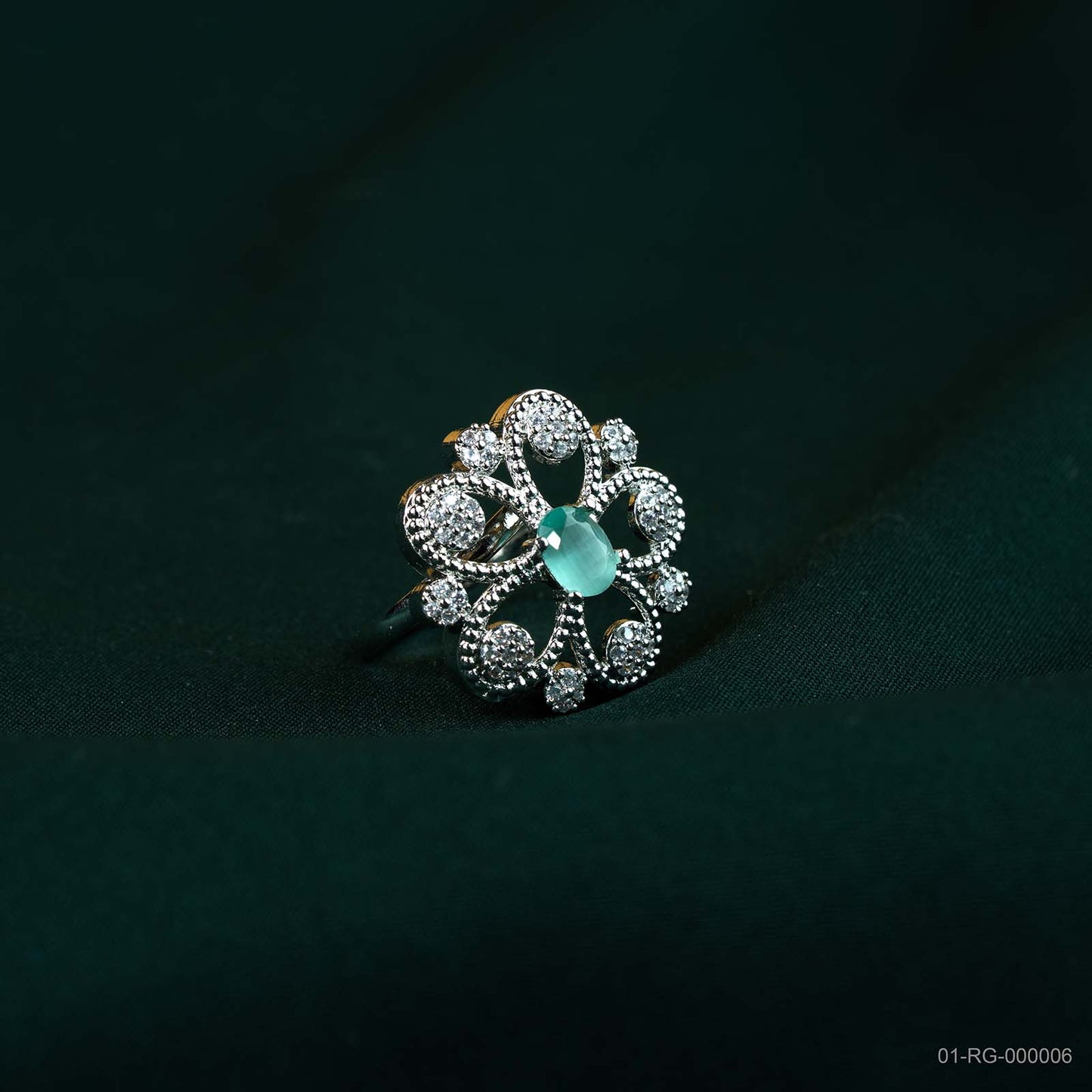 Rhea Emerald Green AD Open Floral Ring