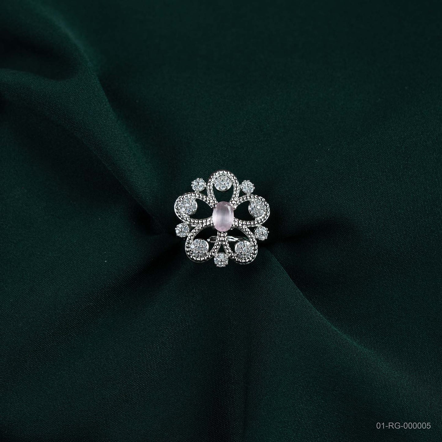 Rhea Soft Pink AD Silver Plated Floral Ring