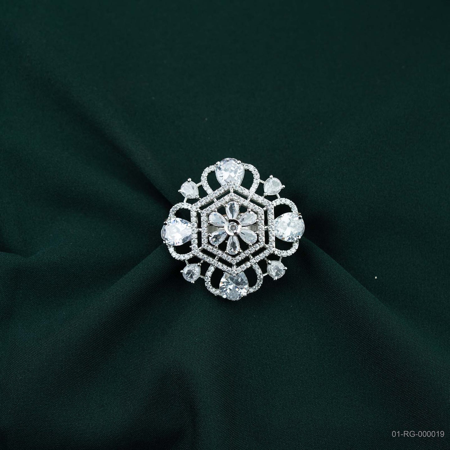 Ritvi Silver Plated AD Hexagonal Floral Ring