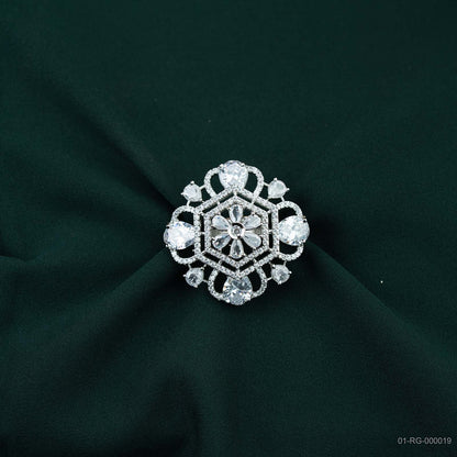 Ritvi Silver Plated AD Hexagonal Floral Ring