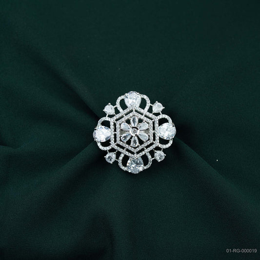 Ritvi Silver Plated AD Hexagonal Floral Ring