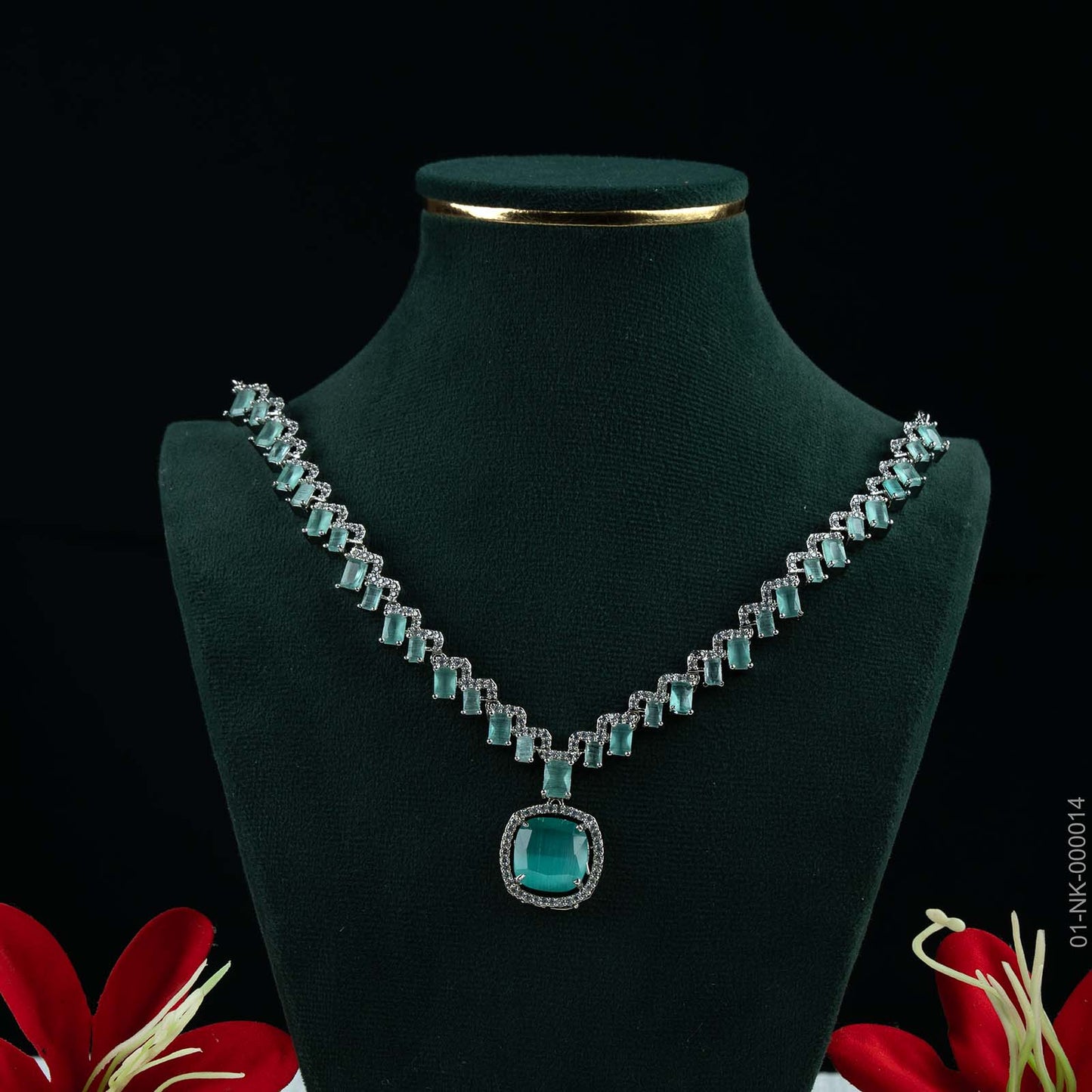 Sia Mint Green AD Silver Plated Halo Necklace Set
